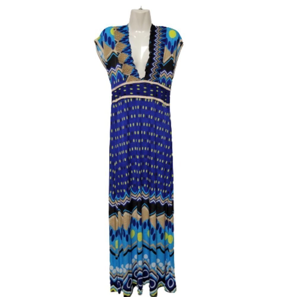 SUMMER Blue Maxi Cover up Abstract Print Cap Sleeve Casual Comfy Long Dress